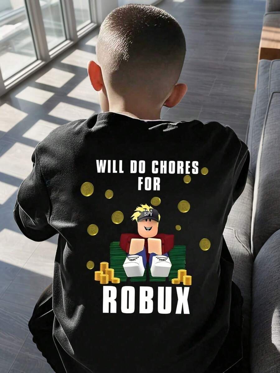 Camiseta de manga corta casual con cuello redondo y estampado de dibujos animados para niños pequeños - Negro - Ver 1