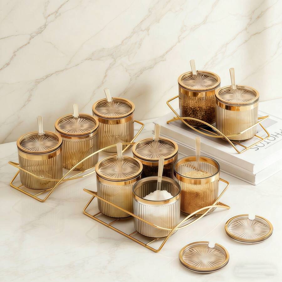 1 Set Creative Seasoning Jar Set With Tray - Decorative Kitchen Spice Jars, Salt And Pepper Containers, And Lids For Food Storage And Kitchen Decor - Multicolor - View 1