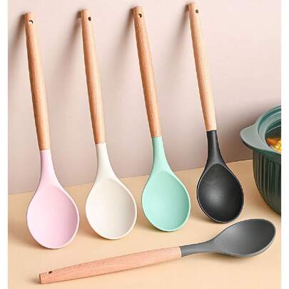 Large Silicone Cooking Spoons, Nonstick Solid Wooden Handle Spoon, Heat Resistan Silicone Kitchen Spoons For Cooking, Serving, Basting, Mixing, 12.4inch(Pink)