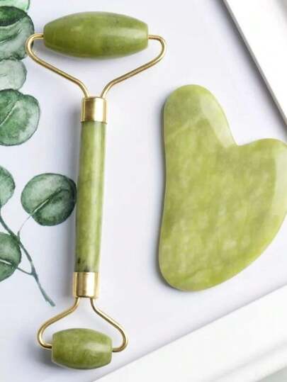 Kit 3 em 1 Rolo de Jade + Pedra Gua Sha + Espátula de Silicone – Massagem Facial/ Skincare/ Aplicação de Máscaras e Cremes