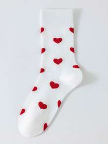 1 Pair Pink & White Heart Pattern Mid-Calf Socks, Soft & Fashionable Women's Socks, Suitable For Valentine's Day Gift And Daily Wear - Multicolor - View 6