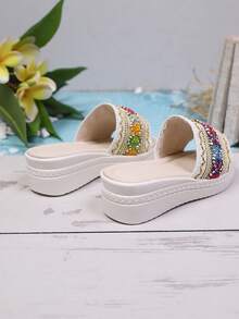 1 Pair Children's Casual Holiday Woven Platform Thick Sole Summer Wedge Slide Sandals - Beige - View 4