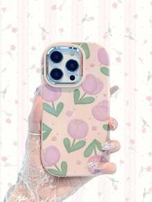 Flower 1pc Pink Oval Electroplated Lens Liquid Tulip Full Coverage Phone Case, Suitable For IPhone11/12/13/14/15/16/17/PROMAX - Pink - View 3