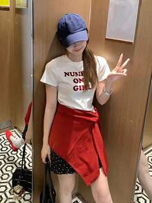 撞色字母印花短袖T恤，通勤百搭修身露脐圆领上衣，女士休闲白色夏季款 - 白色 - 查看 3