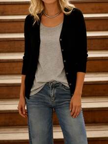 Women's Lightweight V-Neck Cardigan Sweater Solid Color Long Sleeve Slim Fit Jacket - Black - View 4
