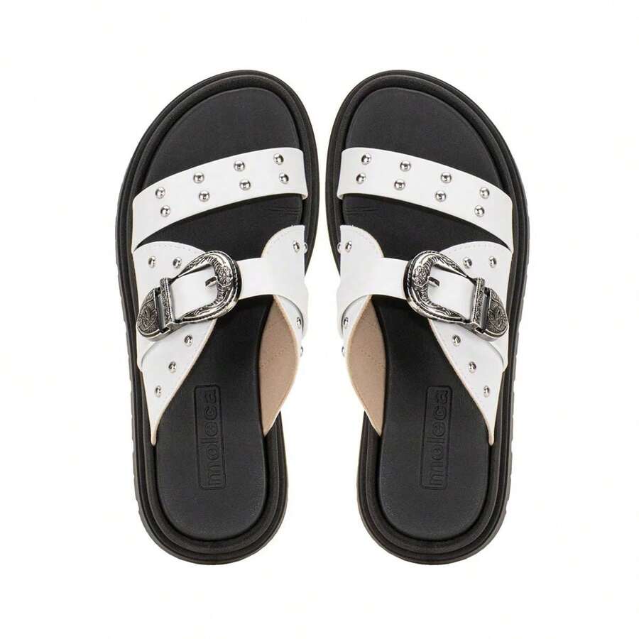 Women's Platform Sandal With Blogger Style, Soft Platform Sole, Moleca 5504.103, Beach Style With Buckle. - 黑與白 - 查看 1