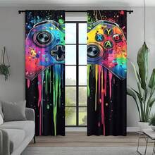 2 pezzi Tende colorate con stampa di arte di giochi - 100% fibra di poliestere lavabile in lavatrice, con motivi di controller di gioco colorati e effetti di spruzzi, decorazione per soggiorno e camera da letto in tutte le stagioni, stile moderno per casa con occhielli, tessuto, adatto per la privacy, 160 g/m² - Multicolore - 2 pezzi - Visualizzare 5