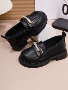 1双玛丽珍鞋，英伦风方跟珍珠乐福鞋，2026新款时尚舒适平底鞋，儿童款 - 黑色 - 查看 1