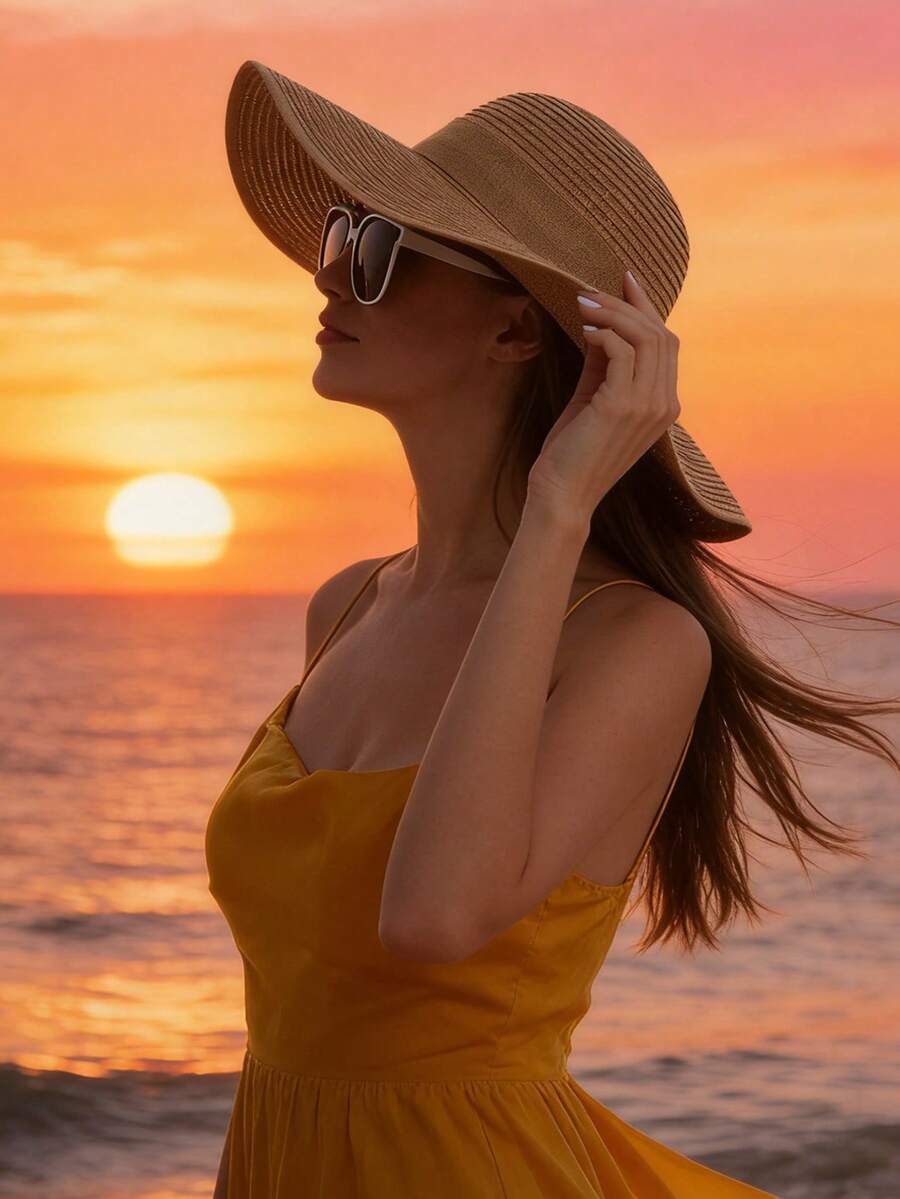 1件女款草編遮陽帽,寬邊沙灘帽,適合春/夏,防曬度假波希米亞風 - 卡其色 - 查看 1