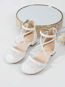 1 Pair New Fashion Elegant Lace High Heels For Plus Size Girls, Comfortable Daily Wear Shoes For Female Students, Suitable For Performance, Ballet, Wedding, Party, Christmas Princess Shoes - White - View 3