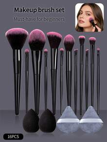 16pcs Bestselling Makeup Brush Set - Multi-Purpose Face & Eye Makeup Brushes + Dry & Wet Dual-Use Non-Cakey Makeup Sponge Puff, Full Set Makeup Gift For Women - Black - View 4