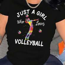 Women's Casual Volleyball Graphic T-Shirt - Just a Who Loves Volleyball Print, Colorful Splatter Design, Soft Stretch Round Neck Tee for Summer Sports & Casual Attire, Volleyball Gifts for s - Negro - Ver 2