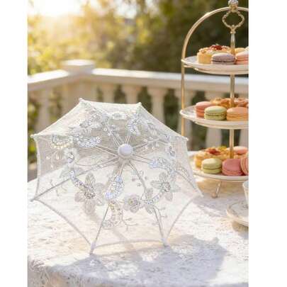 1pc Vintage Lace Umbrella To Create Dreamy Ambiance, Handmade Embroidered Decor Umbrella, Portable Mini Umbrella, Elegant Floral Golden Decor, Durable Photography Prop Suitable For Model Shoots
