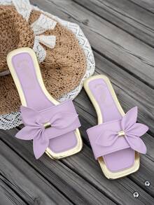 New Arrival Women's Sandals, Flat Square Toe Design With Bow Accent, Lightweight & Comfortable, Mix-And-Match , Slip-On, Casual Vacation Beach Slippers - Mauve Purple - View 15
