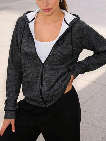 Women's Hooded Zip-Up Sweatshirt Jacket With Pockets, Outdoor Sports Casual Wear, Suitable For Fitness And Daily Wear