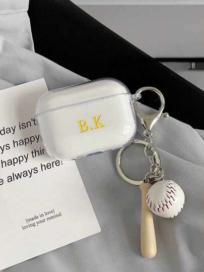 Customized (2-Piece Set, Including Baseball Chain) Minimalist Transparent Japanese Baseball Creative Earphone Case, Compatible With AirPods 1/2 And Pro 3, Customized Letter Name, Ideal For Valentine's Day, Birthday, Holiday Gifts, Women Gifts, Personalized Gifts