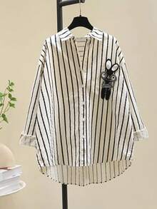 1 chiếc áo sơ mi kẻ sọc bằng polyester với họa tiết thêu hình động vật, cài cúc phía trước, ngắn phía sau, dài, kiểu dáng thường ngày cho mùa xuân và mùa thu, màu đen. - màu đen - Xem 6