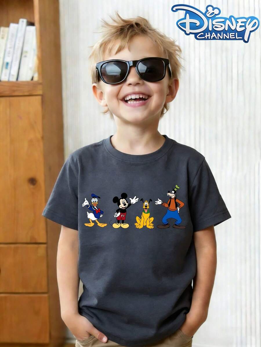 This Round-Neck Summer T-Shirt Features Front And Back Designs Of Disney Characters Mickey Mouse, Donald Duck, Goofy, And Pluto. It's Suitable For Boys And Girls To Wear To Holiday Parties, Family Gatherings, Outdoor Activities, Travel, And As A Gift For Children Visiting Disneyland. - 深灰色 - 查看 1