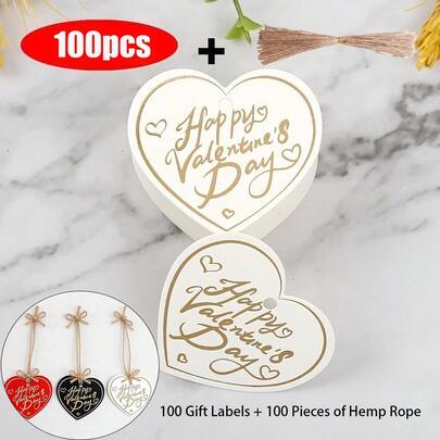 100pcs/Set Valentine's Day Heart Shaped Foil Stamping Gift Tags, Includes Jute Rope, High-Quality Cardboard Material, Luxury Ins Style, Available In Red, Black And White, Suitable For Valentine's Day Confession, Wedding Favors, Birthday Gift Box Decoration