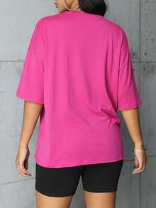 Custom Plus Size Women's Round Neck Short Sleeve Sports Top Summer - Hot Pink - View 3