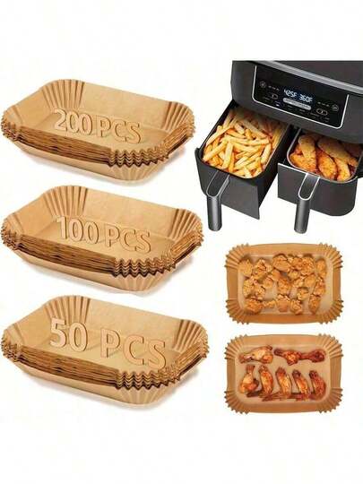 25/50/100pcs Disposable Brown Rectangular Air Fryer Baking Paper, Non-Stick Air Fryer Baking Paper, Food Tray And Grease-Proof Paper, Suitable For Baking Bread, Pies, Cheese, Potatoes, Seafood, Oven Accessories, Baking Tools, Kitchen Gadgets, Kitchen Supplies, Kitchen Decor