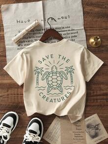 Tween Girls Casual Printed Round Neck Short Sleeve T-Shirt, Summer Top - Apricot - View 4