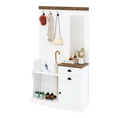 Wardrobe Set With Mirror, Hooks, Drawers And Umbrella Stand.