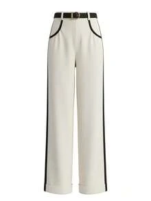 Women's Wide-Leg Elegant Pleated Trousers, Black And Beige Color-Blocked Design, Suitable For All Seasons - Black and White - View 5