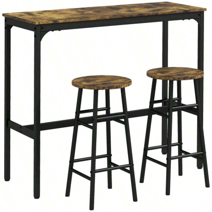 Bar Table Set, 3-Piece. Bar Table With Bar Stool Set, Dining Set In Industrial Design, Kitchen Table With 2 Bar Stools, For Dining Room, Kitchen, Steel, Rustic Brown