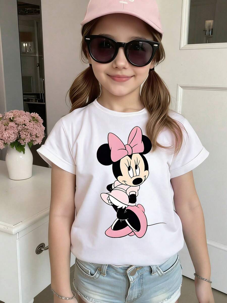Disney White Background Minnie Mouse Playful Sitting Pose Pink Bow Print Kids' Short Sleeve T-Shirt - Sweet And Playful Casual Top - White - View 1