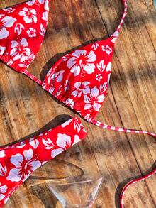 Women's Bikini Swimwear, Cute Casual Plaid Hibiscus Pattern Beach Swimwear, Summer Red Fashion Set/Outerwear/Birthday Outfit/Casual/Y2K/2000s/Millennium Clothing/Elegant/Old Money/Streetwear/Vacation/Music Festival Beach Attire - Red and White - View 4