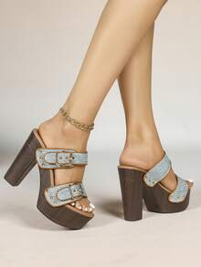 Giày sandal cao gót mùa hè mới dành cho nữ, đế dày chống thấm nước, quai ngang gợi cảm, hở mũi, đế dày. - Màu xanh lam - Xem 3