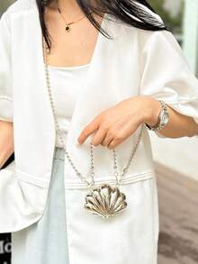 1pc Mini Shell Shaped Bag, Women's Summer New Chain Crossbody Asymmetric Bag, Mini Evening Handbag, Fashion One Shoulder Messenger Bag, Elegant Coin Purse, Lipstick Pouch, Earphone Case, Gift For Women On Valentine's Day, Silver, Gold Coin Purse, Mini Evening Bag, Women Bag - Silver - View 7