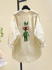 Stylish Blue Striped Blouse For Women, Artistic Loose Casual Shirt, Spring New Arrival - Green - View 7