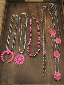 Nueva serie rosa Collar en forma de Y con estilo occidental y margarita, collar de perlas con textura rústica y estilo campestre, joyería de moda para mujeres, collar bohemio ajustable con cuentas rosas y vintage para niñas - Rosa - Ver 10