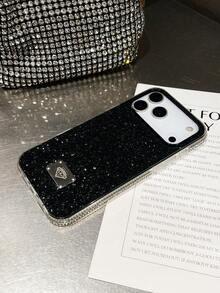 1pc Luxury Vintage Shiny Rhinestone Fully Covered Leather Phone Case For ICover 17 Pro Max - Black - View 5