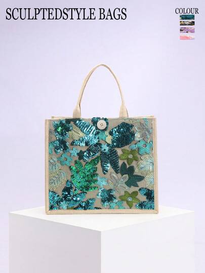 1pc Colorful Sequin & Mesh Patchwork Linen Tote Bag, Fashion Floral & Leaf Embroidered Square Large Capacity Shoulder Bag, Casual Beach Vacation Style Shopping Bag (Floral Pattern Randomly Distributed)