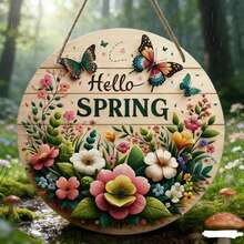 1个“你好春天”花环装饰牌，圆形木质“你好春天”装饰牌，春季花环装饰牌，节日装饰，房间装饰，家居装饰，节日装饰，前门装饰，墙面装饰，背景装饰 - 彩色 - 查看 2