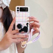 Plaid Purple & Black Cat Folding Phone Case For Samsung Z Flip3/4/5/6/7, Gradient Lanyard Sweet Girl Protective Cover - Multicolor - View 1