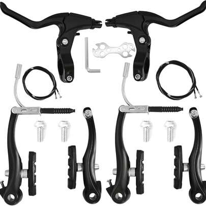 山地车V刹卡钳套装，铝合金材质，适用于山地车、BMX、休闲车，线拉式，包含刹车片、刹车线、刹车手柄和安装工具。