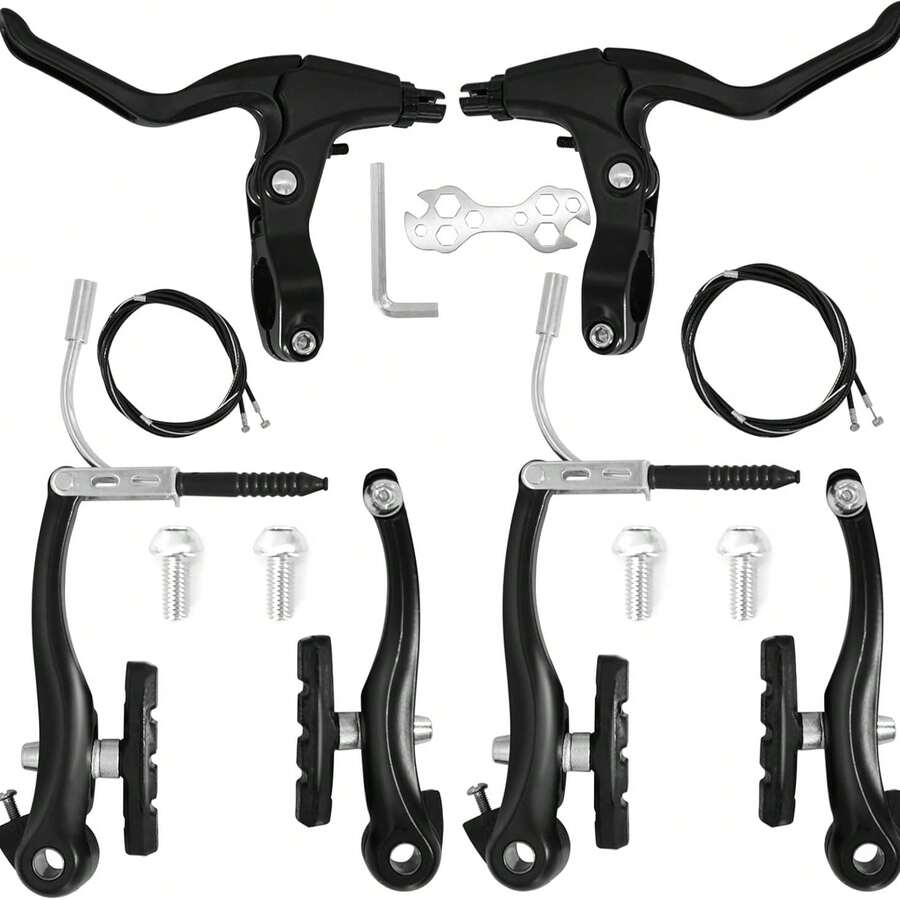 Mountain Bike V-Brake Caliper Set, Aluminum Alloy Material, Suitable For Mountain Bikes, BMX, Cruiser Bikes, Linear Pull Style, Includes Brake Pads, Brake Cable, Brake Lever And Installation Tools