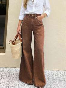 女士休闲优雅弹力阔腿长款牛仔裤 - 摩卡棕 - 查看 4