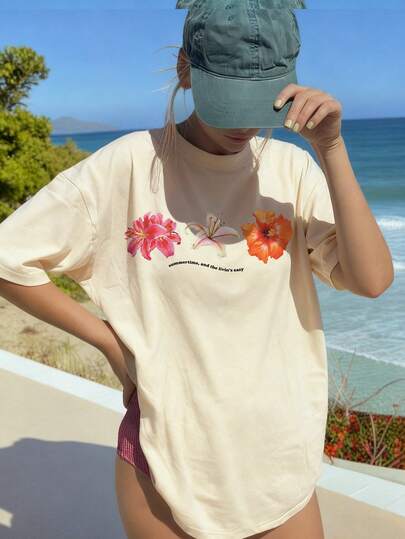 Summer Women Floral Petal & Letter Print Round Neck Camisole, Casual Loose Versatile Vacation Style Top, Suitable For Holiday And Summer Wear