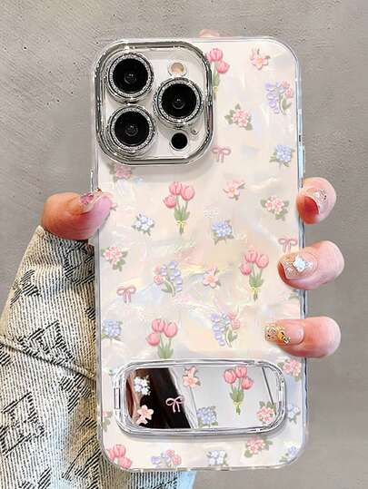 1pc Tulip Bouquet Mirror Kickstand Shockproof Full Coverage Phone Case Protective Cover Compatible With IPhone 11/12/13/14/15/16/17/Pro Max