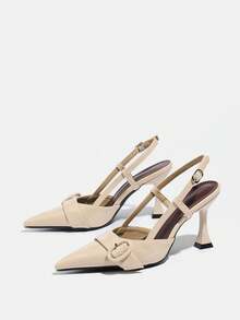 French Style Closed Toe New Elegant Solid Color Low Vamp Chunky Heel Sandals For Women - Apricot - View 6