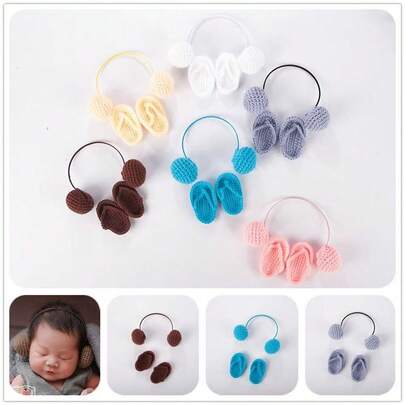 2pcs Newborn Photography Mini Headphones, Baby Photo Prop Knitted Slippers Multicolor Set, New Arrival