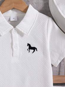 Boys' Casual Fashion Solid Color Embroidered Pattern Button-Up Collar Short Sleeve Top And Shorts With Hat 2 Pieces Set, Spring/Summer - White - View 5