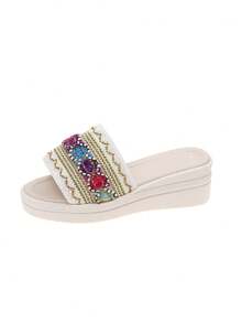 1 Pair Children's Casual Holiday Woven Platform Thick Sole Summer Wedge Slide Sandals - Beige - View 8