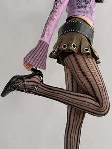 A Pair Of Striped Sheer Mesh Fishnet Stockings, Women's Lightweight Spring And Summer Dark Fashion Lace Cut-Out Geometric Pattern Breathable Net Pantyhose, JK Uniform-Style Sexy Bodycon Socks - Multicolor - View 4