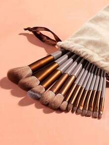 13 Pieces Of Makeup Brush Set, Makeup Set, Foundation Make-Up Brush, Eye Shadow Brush, Brush, Cleaning Brush, Makeup Brush Set (Red Brown, 13 Pieces, Valentine's Day Gift, Holiday Party Gift Set) - Multicolor - View 2